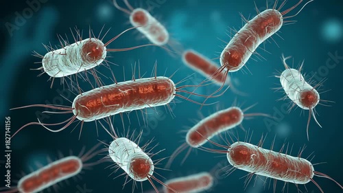 3d rendering of rod shaped bacteria with flagella and pili swimming in a blue liquid environment representing a microscopic view of infection or disease