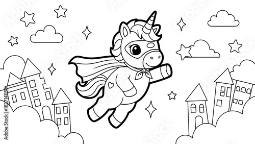 Whimsical cartoon unicorn flying over imaginative cityscape with stars clouds