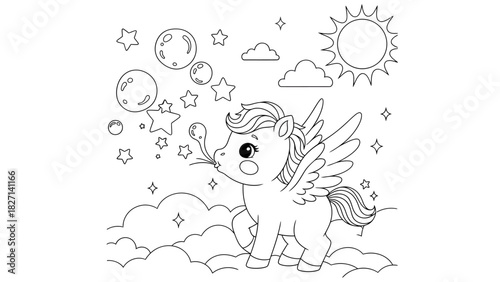 Whimsical fairy-tale style unicorn with wings and magical celestial background