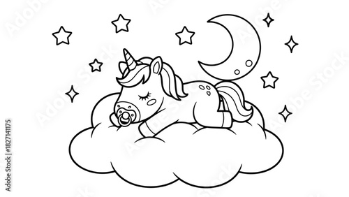 Delicate unicorn resting peacefully on a fluffy cloud under a moonlit night