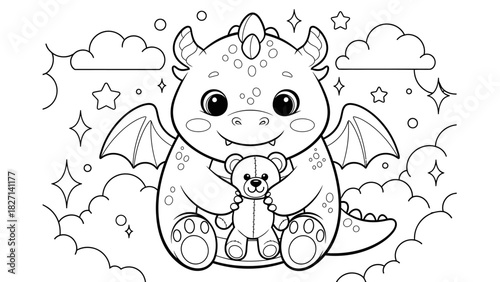 Adorable cartoon baby dragon with wings cuddling a teddy bear in a whimsical