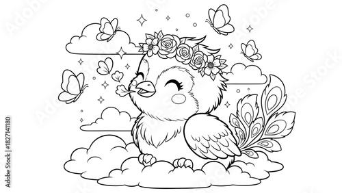 Whimsical baby bird wearing a floral crown amidst fluffy clouds surrounded by