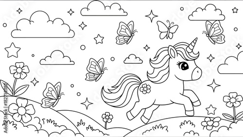 Whimsical unicorn galloping through a dreamy sky filled with clouds