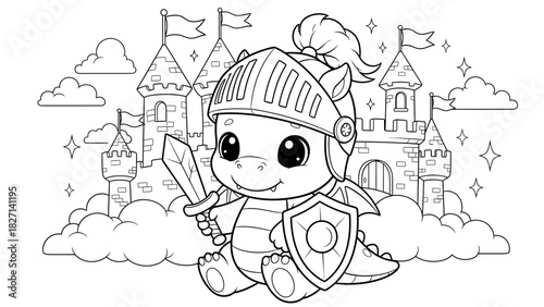 adorable cartoon baby dragon in knight armor holding sword and shield in front