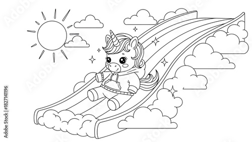 Whimsical Unicorn Joyfully Sliding Down a Cloudy Rainbow Playground Scene for