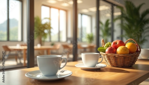 Wallpaper Mural Modern office break area with fruit basket and coffee cups on wooden table. Natural light streams through large windows onto green plants. Peaceful workspace setting with healthy refreshment options. Torontodigital.ca