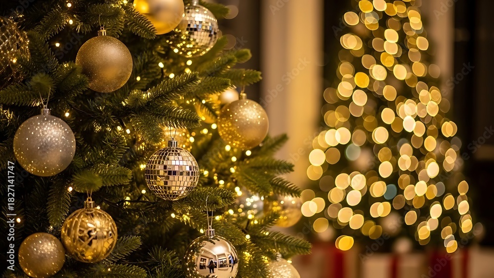 Fototapeta premium Beautiful Christmas Tree with Baubles and Blurred Shiny Lights – Festive Holiday Photography