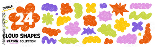 Crayon blob shapes doodle set. Abstract cloud forms and organic groovy figures in sketch style, grunge chalk texture. Hand drawn vector illustration isolated on white background