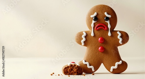 Sad gingerbread man crying with a broken leg. Unhappy Christmas cookie expressing pain and failure. Holiday depression and mental health concept with copy space