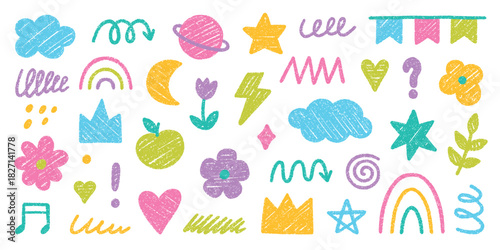 Chalk cute kids elements, crayon pencil preschool kindergarten doodle icons set. Hand drawn childish scribble rainbow, stars, flower, crown in sketch style.