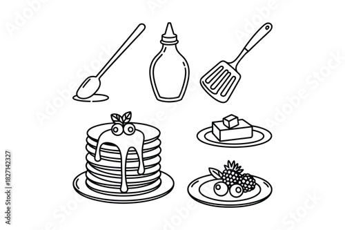 Hand drawn pancake breakfast ingredients and tools