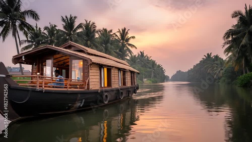 Traditional wooden houseboat cruising along a tranquil backwater canal lined with lush palm trees at sunset in kerala, india