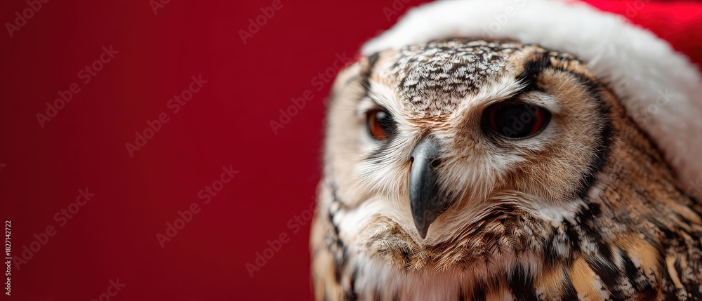Obraz premium Closeup of a majestic owl wearing a Santa hat against a vibrant red background, capturing the festive spirit of Christmas and winter holidays