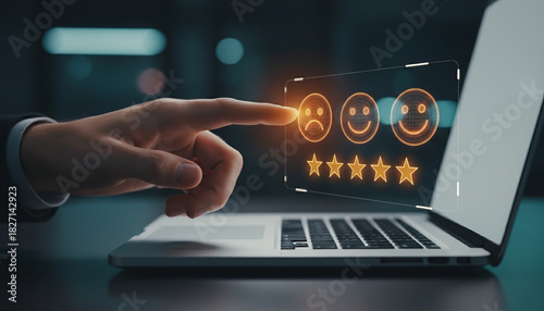 Customer dissatisfaction and bad service review concept. Man's hand gives a negative one star rating on a futuristic display.