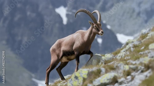 A majestic goat navigating rocky terrain in a serene mountain landscape.