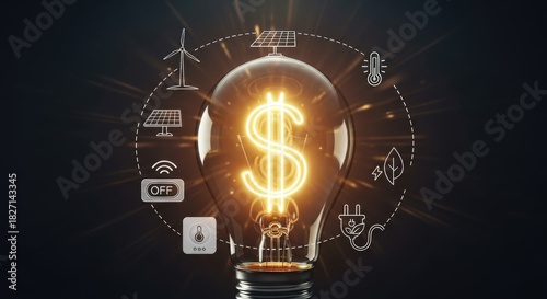 Bright electric lamp shining with a dollar symbol, encircled by icons for renewable power, smart home automation, and ecological financial savings, promoting a sustainable future.