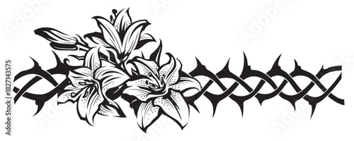 black crown of thorns with bouquet of lilies isolated on white background