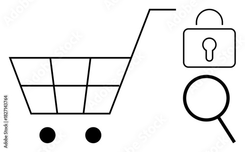 Simplified shopping cart, lock, and search glass symbolizing secure online transactions, data protection, and product browsing. Ideal for e-commerce, cybersecurity, digital marketing, online
