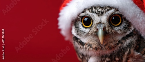Cute little owl wearing a festive Santa hat against a vibrant red background, embodying the spirit of Christmas and winter holidays Adorable animal portrait for seasonal greetings