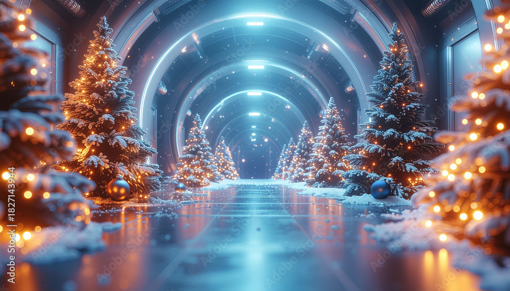 Fototapeta premium Snow covered Christmas trees with glowing lights line futuristic hallway, creating magical winter wonderland