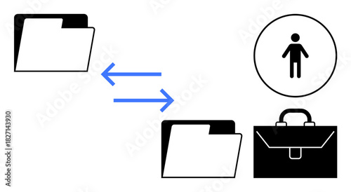 Two folders connected by blue arrows, a briefcase, and a human icon. Ideal for file transfer, document sharing, work collaboration, data exchange, organization, digital communication simple flat