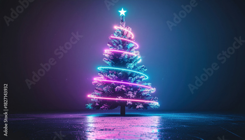 Glowing Christmas tree with neon lights spirals in dark room, creating festive and magical atmosphere