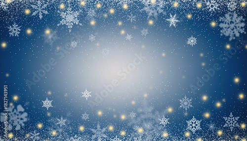 Snowflakes and glowing lights on blue background create festive winter atmosphere