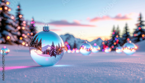 Shiny Christmas ornament reflects snowy landscape with trees and colorful lights, creating festive and serene winter scene