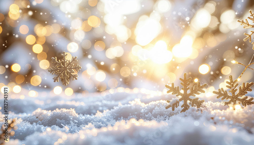 Golden snowflakes glisten in sunlight, creating magical winter wonderland with sparkling bokeh lights