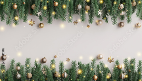 Festive Christmas background with pine branches, ornaments, and glowing lights creating joyful holiday atmosphere