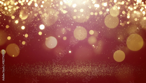 Golden bokeh lights sparkle against rich red background, creating festive and elegant atmosphere