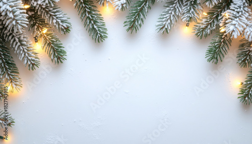 Snow dusted pine branches with warm lights create festive and cozy winter atmosphere on white background