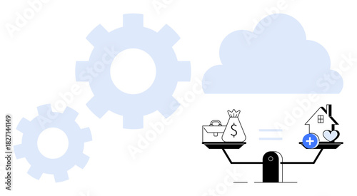 Balance concept. Balance between financial success and personal well-being on a scale. Balance integrates work, money, and health with cloud and technology icons. For finance, technology, lifestyle