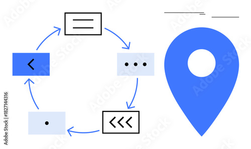 Circular diagram with arrows connecting steps and a blue map pin icon. Ideal for navigation, workflow, planning, routes, logistics, location tracking, process visualization, simple flat metaphor
