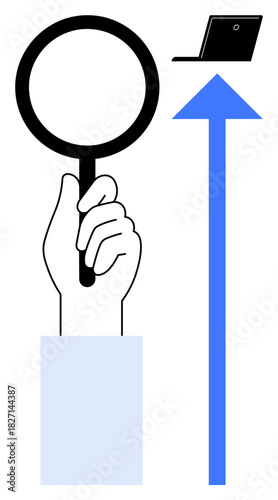 Hand raises magnifying glass toward an arrow pointing to a laptop, symbolizing research, learning, growth, analysis, technology, problem-solving, and goal-setting. Ideal for innovation simple flat