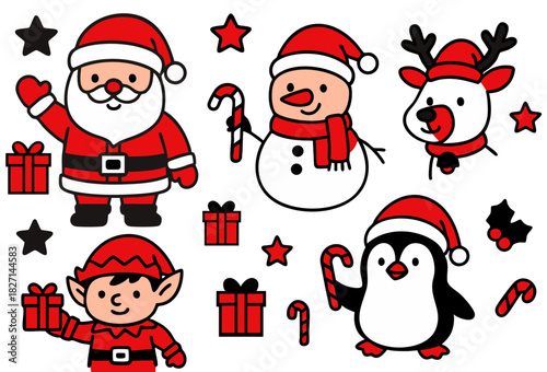 Cute Christmas Characters Vector Set with Santa, Snowman, Reindeer, Elf, and Penguin in Red and Black