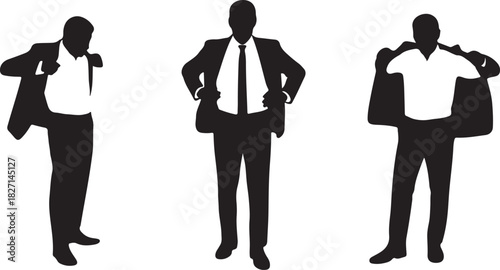 Silhouetted figure removing and putting on a suit exhibits a transparent white background