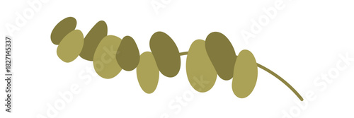 Flat green kraft mistletoe branch with floral decor. Birthday plant element inspires gift and box decoration. Graphic nature accent for holiday, modern party, or festive event background.