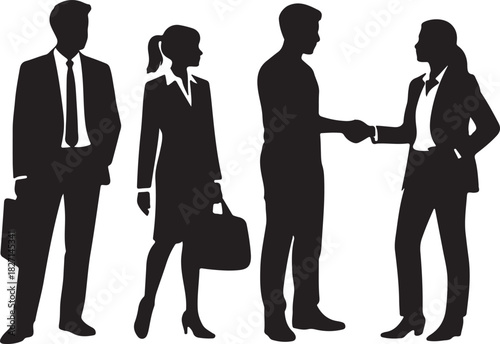 Silhouetted businessmen and businesswomen in suits shake hands, with colleagues standing nearby against transparent background