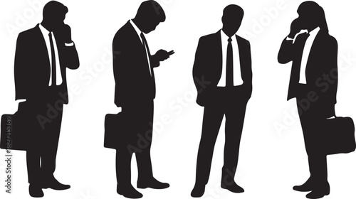 Silhouetted businessmen are depicted in various poses, one holding a briefcase, isolated on a white background