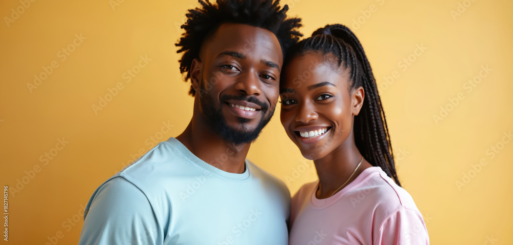Obraz premium Young Black couple smiles warmly together. They wear casual t-shirts against a vibrant yellow studio backdrop. Their connection is evident in their happy expressions and eye contact.