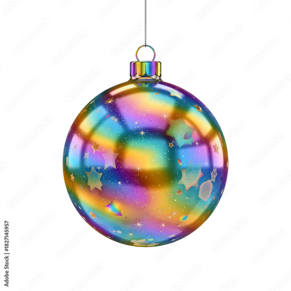 Obraz premium Colorful reflective Christmas ornament with stars hanging on string