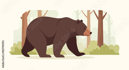 Large brown bear walking in a simple flat vector illustration.