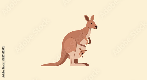 Mother kangaroo carrying her baby joey in a pouch vector illustration.