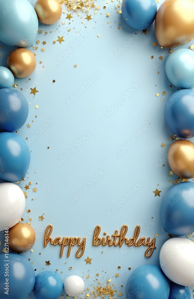 Fototapeta premium Blue and gold balloons float near text reading happy birthday. Confetti and stars scatter across light blue background. Festive anniversary celebration element. Party invitation graphic.