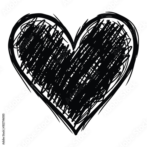 Hand drawn black scribble heart shape on white background symbolizing love and emotion