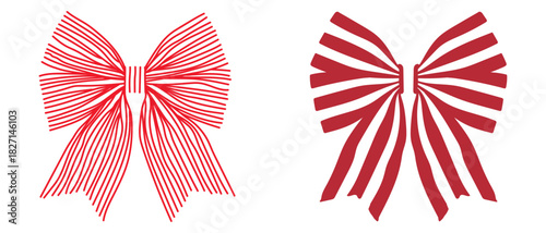 Two festive red and white striped bows isolated on a white background
