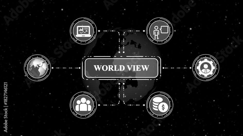 World View Infographic with Global Connection Icons | Modern Tech Network with Worldwide Connectivity & Digital Signals | 4K Background