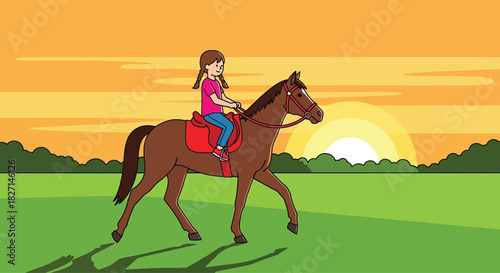 Young girl with pigtails happily riding a brown horse.