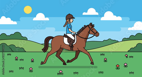 A young girl in equestrian gear riding a brown horse.